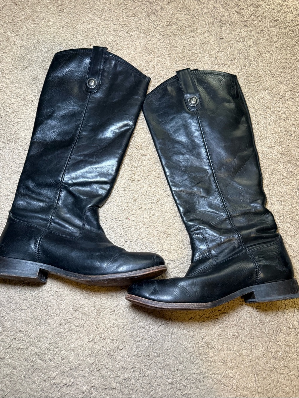 Frye Black Leather Mid-calf Leather Boots with Button Strap